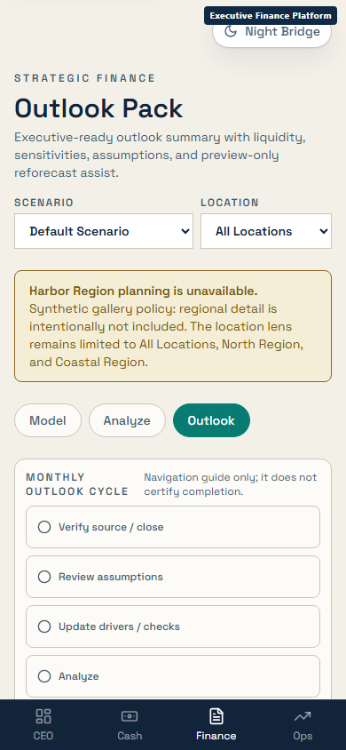Mobile financial outlook workspace with scenario controls, a planning notice, and a monthly review checklist.